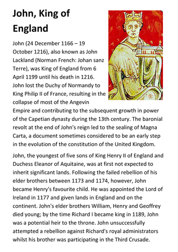 King John of England Handout