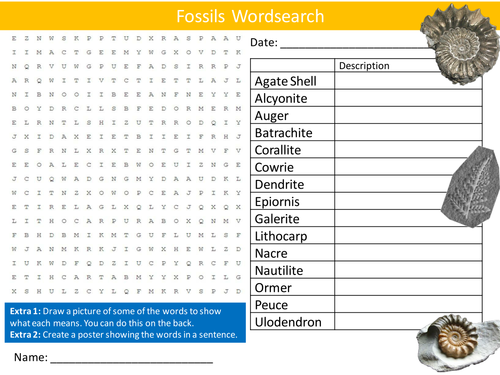 Fossils Wordsearch Geography Geology Starter Settler Activity Homework Cover Lesson