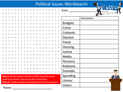 Political Issues Wordsearch Government Politics Starter Settler Activity Homework Cover Lesson