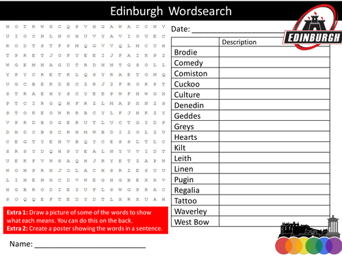 Edinburgh City Wordsearch Geography Starter Settler Activity Homework Cover Lesson