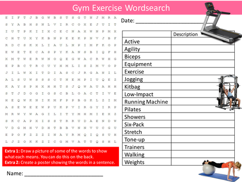 Gym Exercise Wordsearch PE Sports Starter Settler Activity Homework Cover Lesson