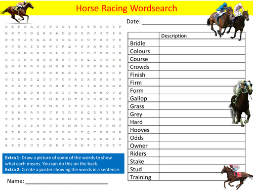Horse Racing Wordsearch Sports Careers Starter Settler Activity Homework Cover Lesson