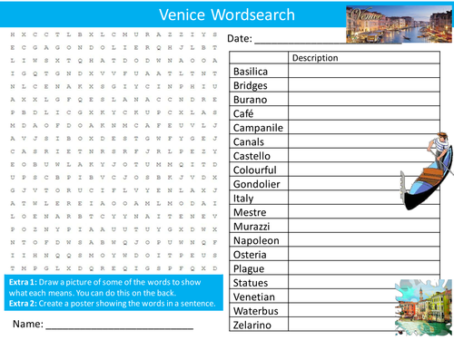 Venice Wordsearch City Geography Healthy Eating Starter Settler Activity Homework Cover Lesson