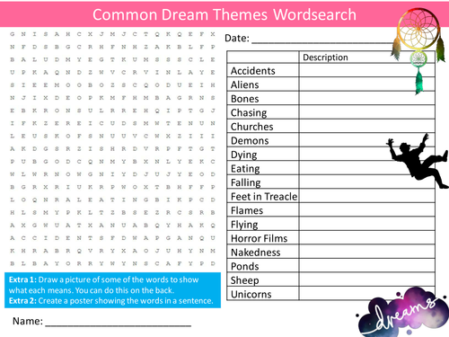 Dream Themes Wordsearch Psychology Starter Settler Activity Homework Cover Lesson