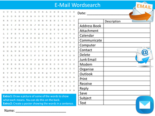 E-Mail Email Wordsearch ICT Computing Uses Starter Settler Activity Homework Cover Lesson