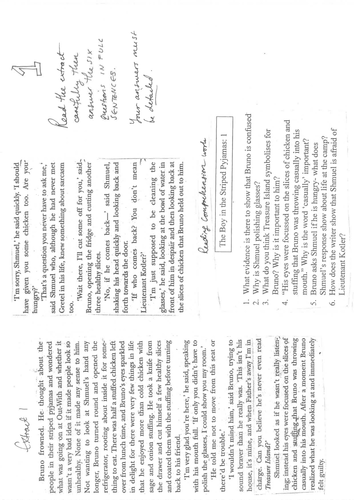 The Boy in the Striped Pyjamas comprehension worksheets