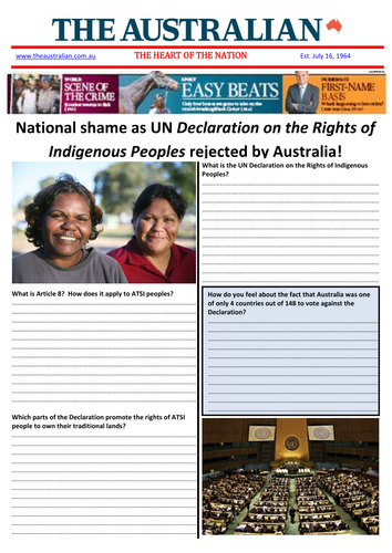 Newspaper front page:  National shame as UN Dec. on the Rights of Indigenous Peoples rejected