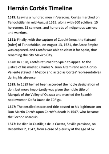 Hernán Cortés Timeline and Quotes Handout