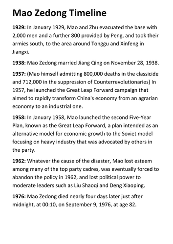 Mao Zedong Timeline and Quotes Handout