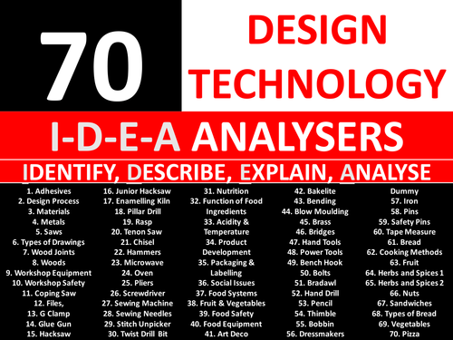 70 IDEA Analysers Design Technology Literacy KS3 GCSE Keyword Starters Settlers Wordsearch Cover