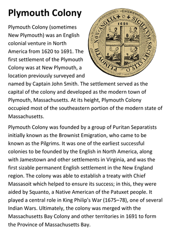 Plymouth Colony Handout
