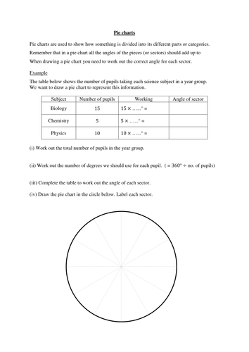 Worksheet to teach/practise drawing pie charts and getting information from them