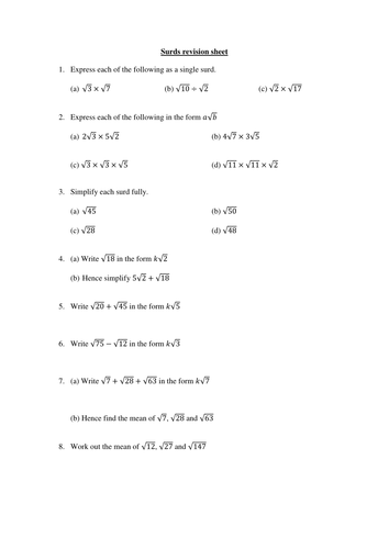 Set of resources to revise/practise/test surds