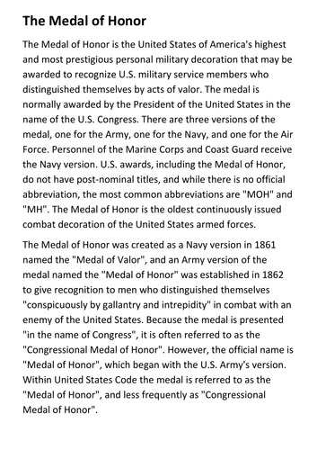 The Medal of Honor Handout