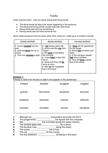 Parts of speech worksheet - Verbs (ideal for NAPLAN or tutoring)