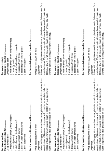 Food prep and nutrition  adapting cottage pie lessons including homework and starters