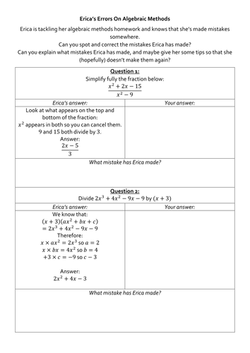Erica's Errors On Algebraic Methods