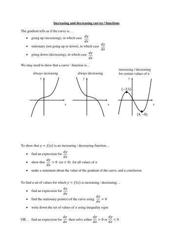 Worksheets on increasing / decreasing functions and sketching graphs