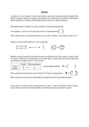 A ten page worksheet to introduce matrices