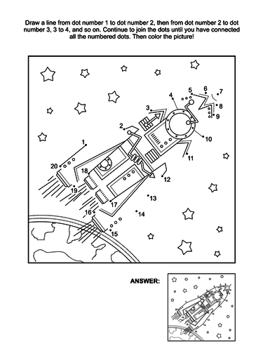 DottoDot and Coloring Page Spaceship or Rocket