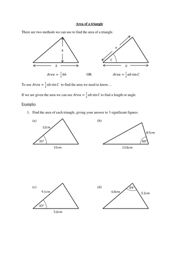 Worksheet on the area of a triangle using 0.5ab sin C