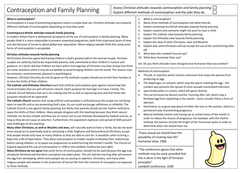 AQA GCSE Religious Studies Contraception and Family Planning in Christianity