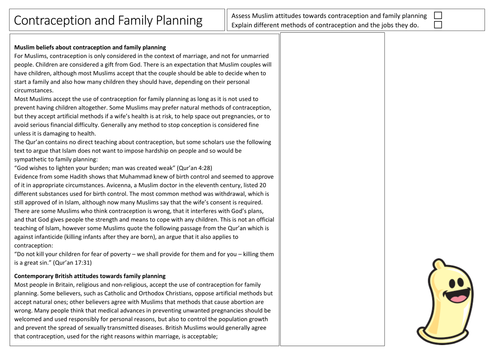 AQA GCSE Religious Studies Contraception and Family Planning in Islam