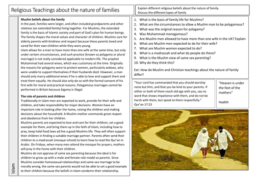 AQA GCSE Religious Studies Nature of Families in Islam Worksheet