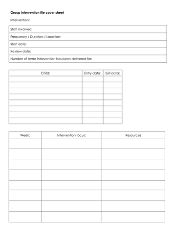 Intervention file cover and tracking sheets