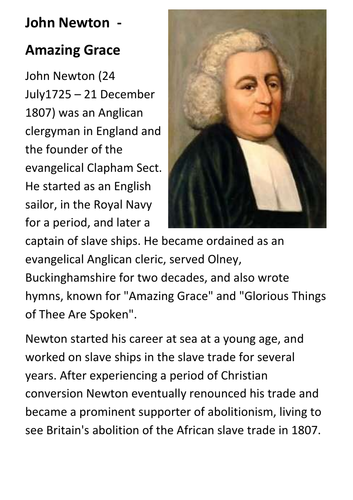 John Newton  - Amazing Grace Handout