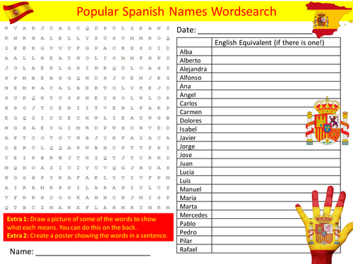Popular Spanish Names Wordsearch Spain Culture Starter Settler Activity Homework Cover Lesson