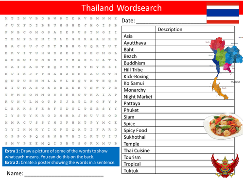 Thailand Wordsearch Country Culture Geography Starter Settler Activity Homework Cover Lesson