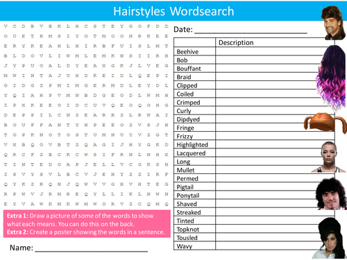 Popular Hairstyles Wordsearch Fashion Hairdressing Starter Settler Activity Homework Cover Lesson