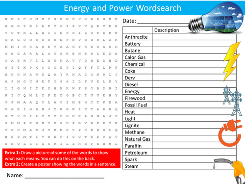 Energy and Power Wordsearch Science Physics Starter Settler Activity Homework Cover Lesson