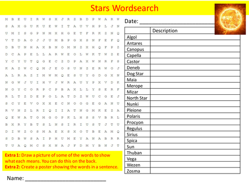 Star Stars Names Wordsearch Physics Science Starter Settler Activity Homework Cover Lesson