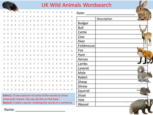 UK Wild Animals Wordsearch Nature Creatures Starter Settler Activity Homework Cover Lesson