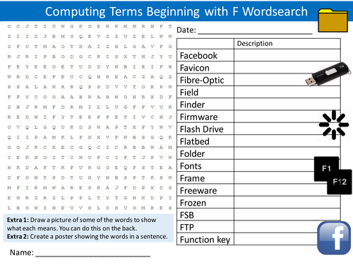 Computing Terms Beginning with F Wordsearch ICT Starter Settler Activity Homework Cover Lesson