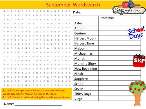 September Wordsearch Months of the Year Starter Settler Activity Homework Cover Lesson