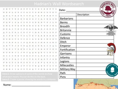 Hadrian's Wall Wordsearch Geography History Starter Settler Activity Homework Cover Lesson