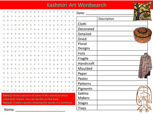 Kashmiri Art Wordsearch Design Pattern Starter Settler Activity Homework Cover Lesson