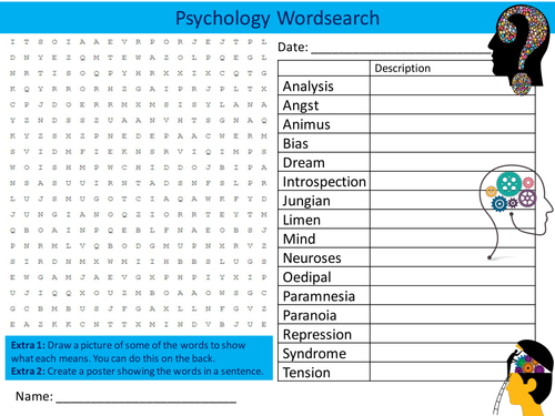 Psychology Wordsearch Mind Thought Starter Settler Activity Homework Cover Lesson
