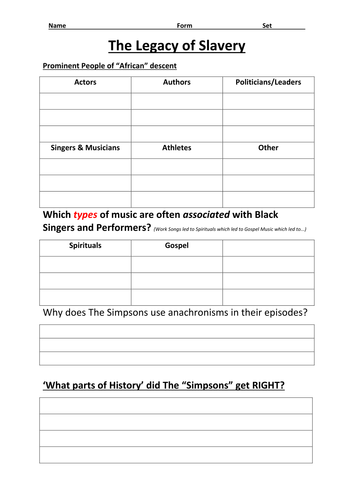 The Simpsons and Slavery - Escape to Freedom Worksheets