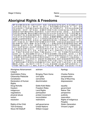 Aboriginal Rights and Freedoms Word Search