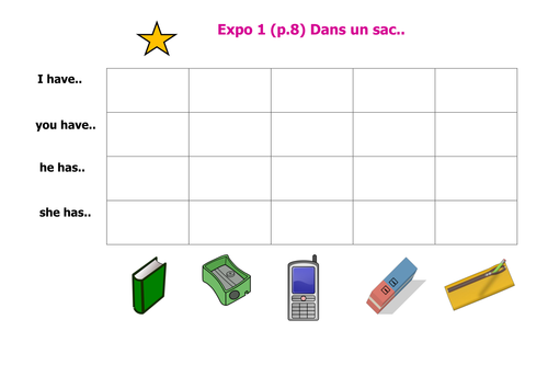 Expo 1, Module 1(p.8, 9,16 and 17) 'Dans mon sac' and 'Les Couleurs' - 4 resources