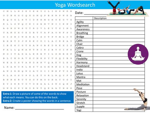 Yoga Wordsearch PE Sports Meditation Starter Settler Activity Homework Cover Lesson