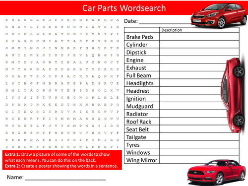 Car Parts Wordsearch Cars Vehicles Starter Settler Activity Homework Cover Lesson
