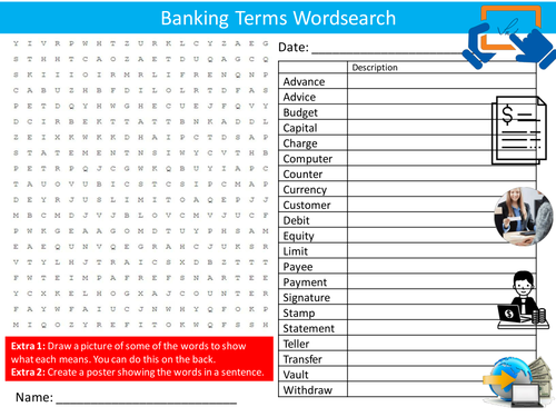 Banking Terms Wordsearch Finance Business Studies Starter Settler Activity Homework Cover Lesson