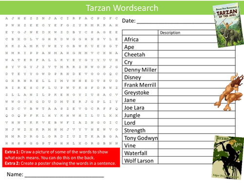 Tarzan Wordsearch Novel English Literature Starter Settler Activity Homework Cover Lesson