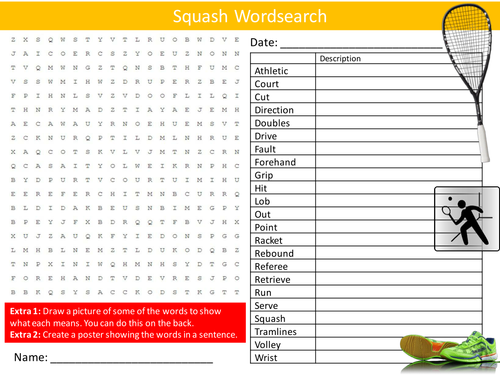 Squash Wordsearch PE Sports Starter Settler Activity Homework Cover Lesson