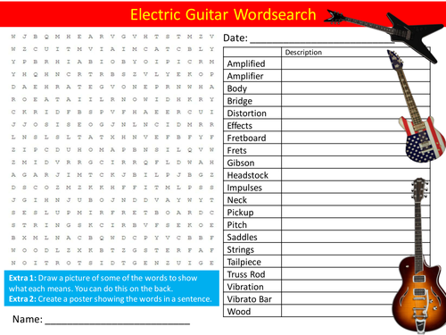 Electric Guitars Wordsearch Music Instruments Starter Settler Activity Homework Cover Lesson